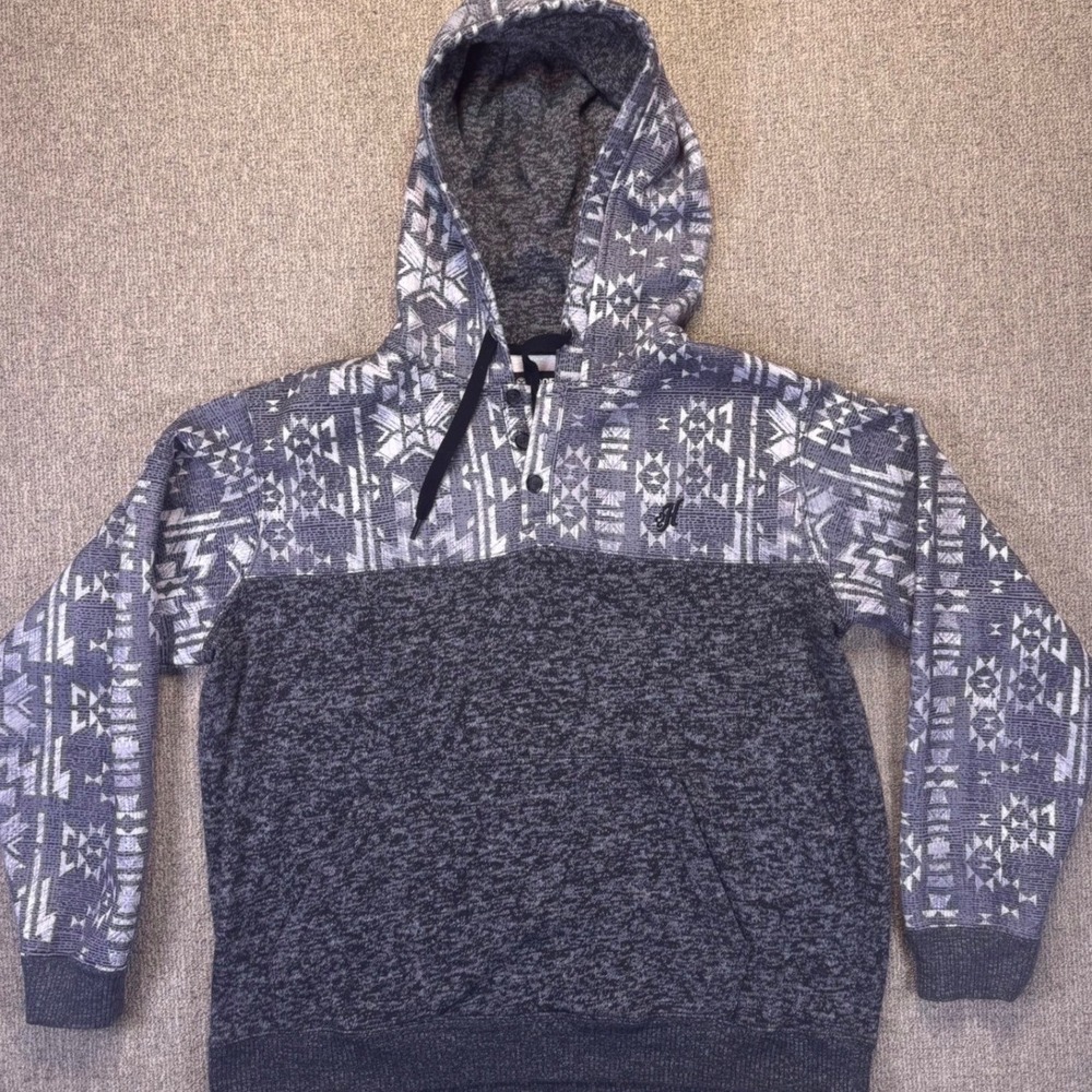 Hooey XL Aztec Southwest Pullover Hoodie‎ Gray Western Ranch Henley Sweatshirt